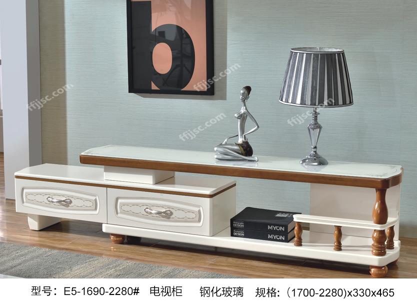 现代风格钢化玻璃樱桃色+玉兰色桌面可伸缩电视柜E5-1690-2280#